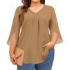 Women's Solid Color V-neck Plus Size Tops 3/4 Sleeves Elegant Shirt Tops