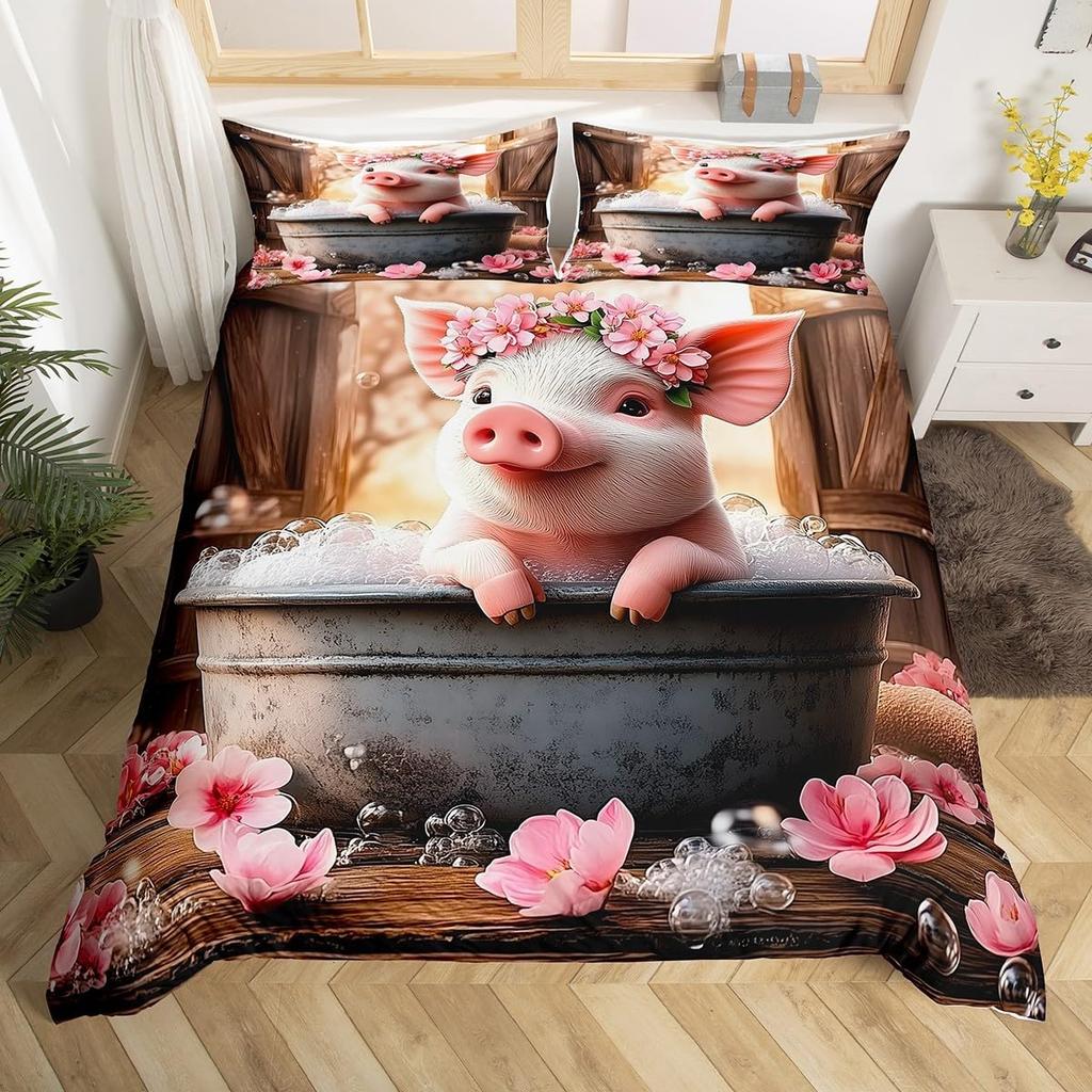 Комплект постельного белья с фермерским животным Свиньей, Размер Полный/Двуспальный, Милый пододеяльник со свиньями для детей, девочек, Мультяшный пододеяльник со свиньями с 2 наволочками