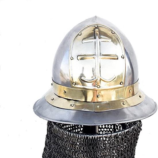Средневековый византийский шлем-чайник 16 калибра с 9-мм плоским кольцом, клепаная кольчуга, серебристый
