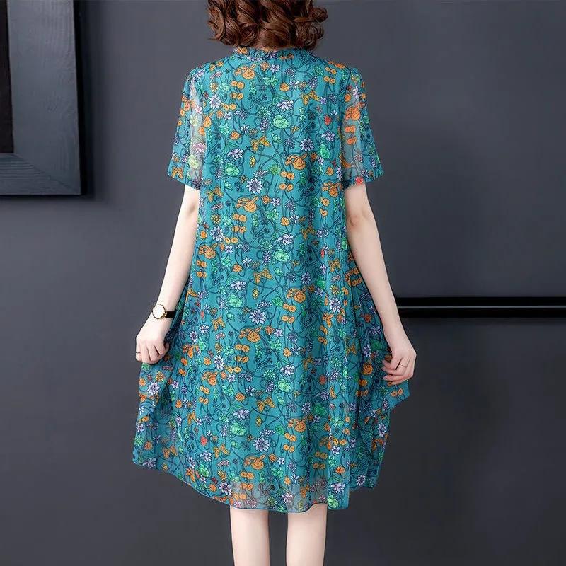 Summer Mother Dress Fashion Short Sleeve Floral Print A-line Dress Large Size Middle-aged Women's Gauze Dresses