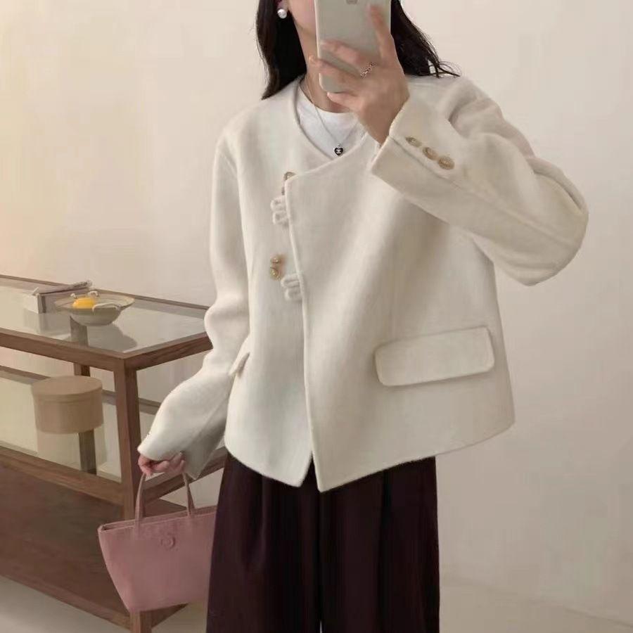 Latest Korean Style Round Neck Double-sided Wool Coat Short Style for Small and Trendy Women's