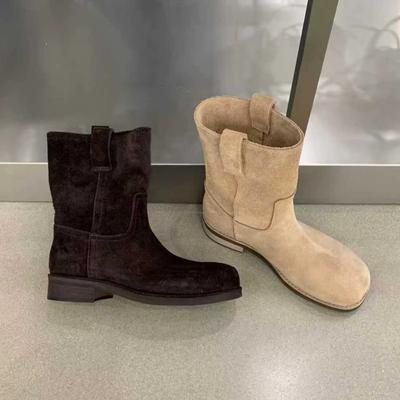 Версия из овчины~ ретро матовая замша круглый носок низкий каблук ковбойские сапоги короткие сапоги женские 2025 новые ботинки Мартин