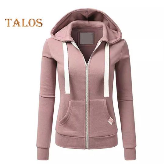 Fall Winter Women Jacket Drawstring Hooded Zip-up Long Sleeves Pure Color Slim Fit Elastic Cuff Cardigan Pockets Sport Fitness Coat