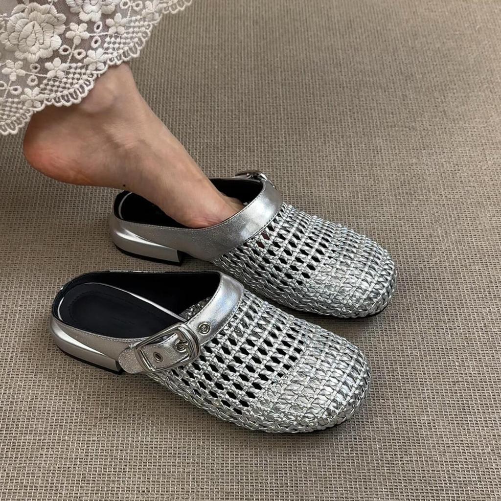 Sheepskin Version~ Women's One-pedal Belt Buckle Half Slippers Versatile Thick Heel Round Head Woven Bag Head Shoes