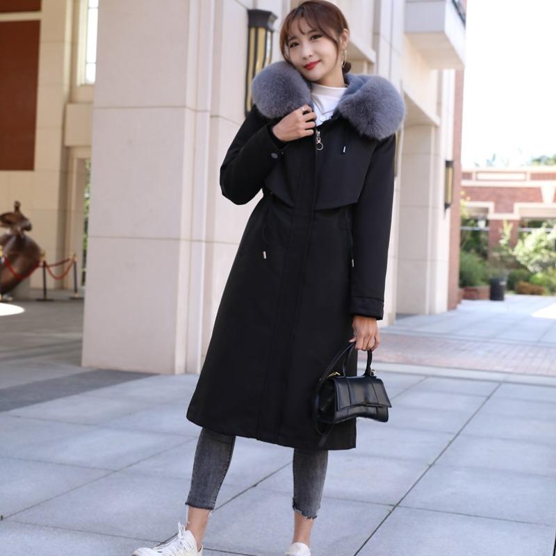Removable Fox Fur Lining Mid-length Fur Coat Female Thick Warm Knee-high Fur Coats Autumn and Winter Hooded Parka with Waist Drawstring