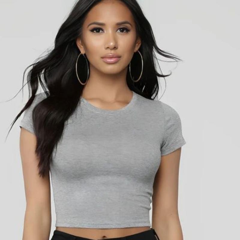 Новая летняя однотонная женская укороченная футболка с коротким рукавом, приталенная повседневная хлопковая футболка, женская простая модная элегантная футболка, женская 24498