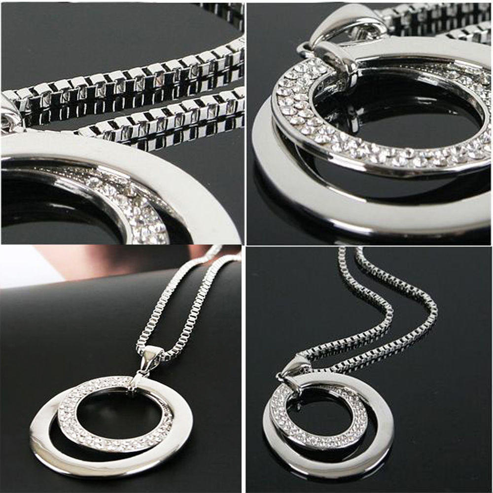 Women Rhinestone Long Necklace Pendant Silver Plated Chain