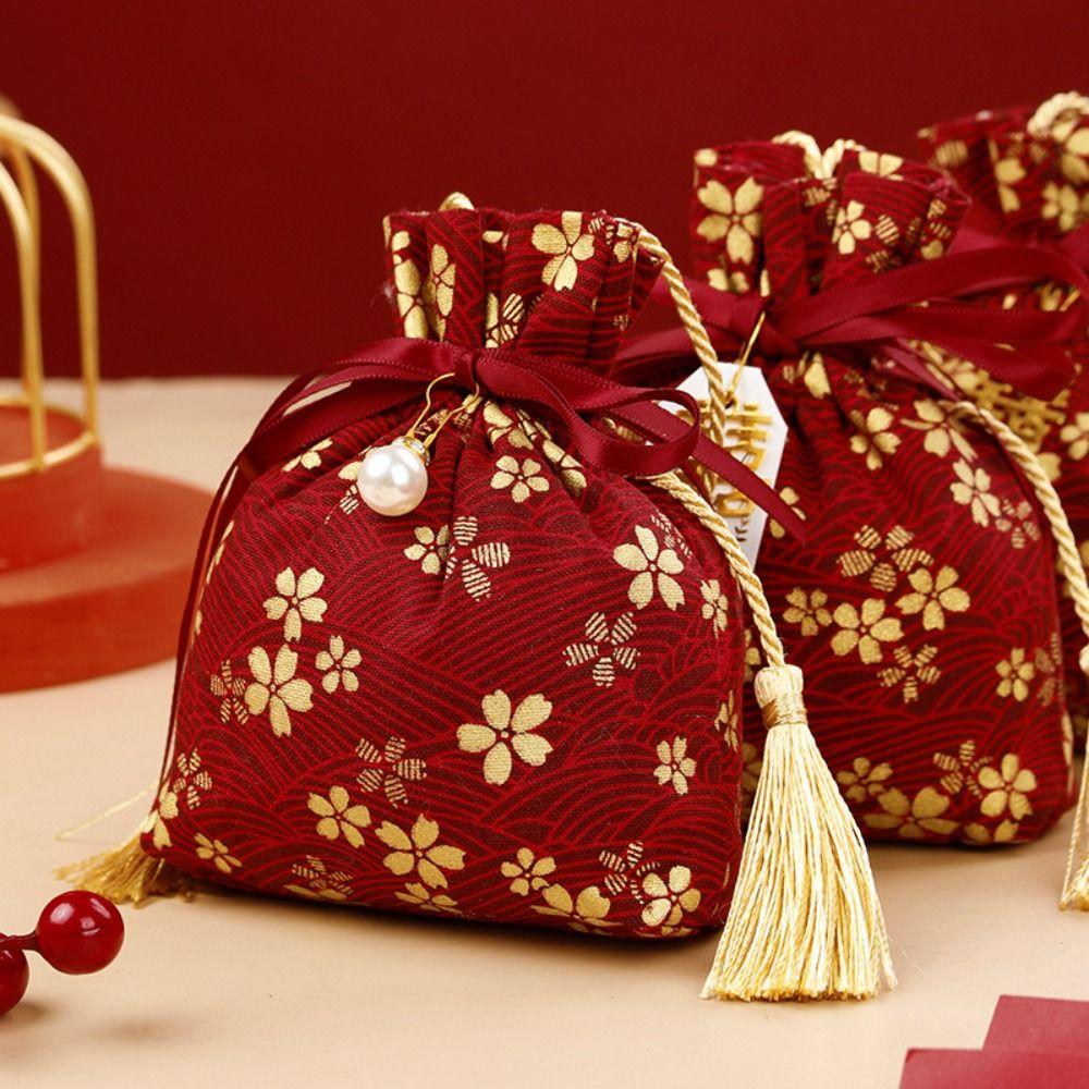 Pearl Pendant Canvas Flower Drawstring Bag Stripe Bowknot Floral Tassel Handbag Female/Girls