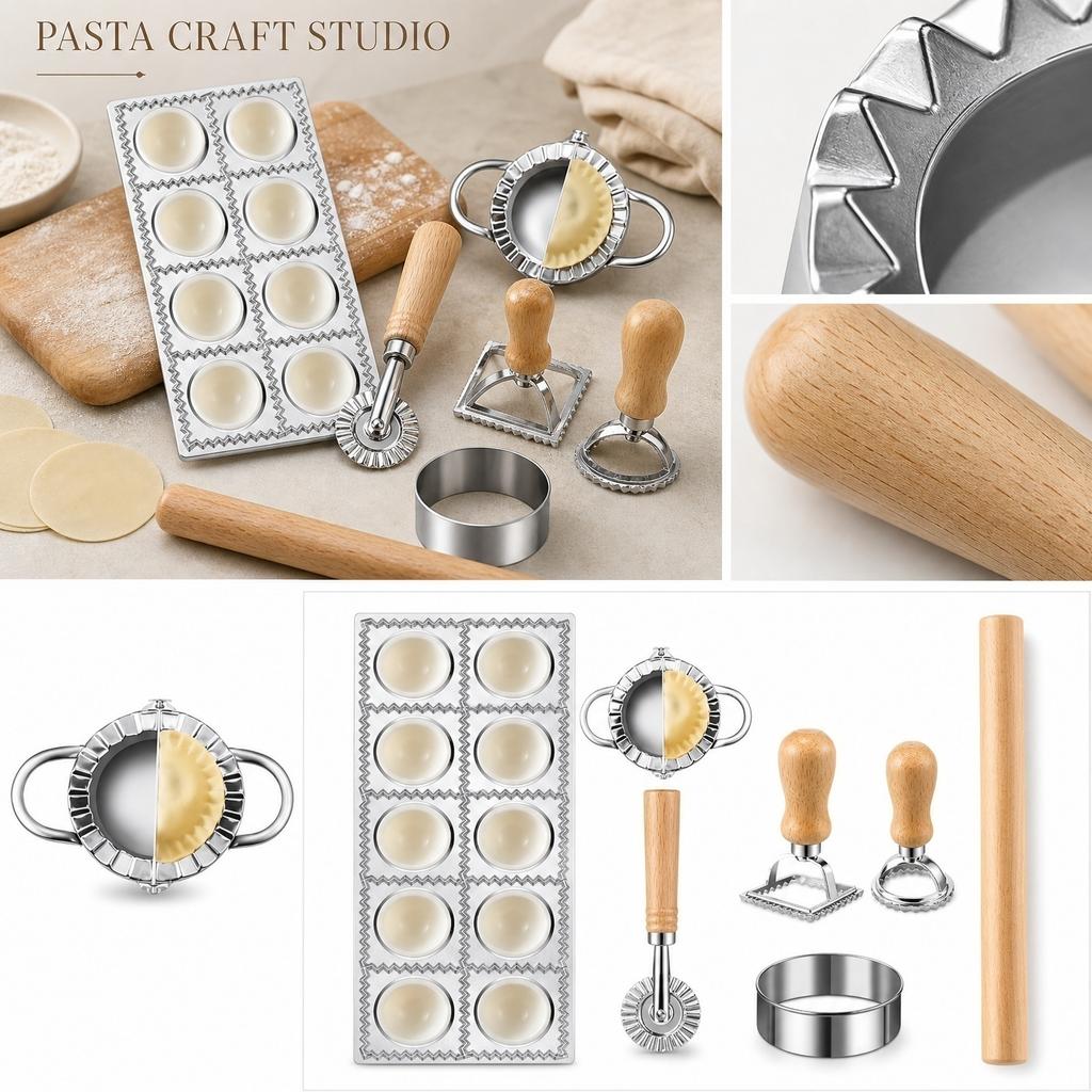 Manual Pasta Maker Set with Rolling Pin Ravioli Mold Dumpling Press Dough Cutter and Stamps for Homemade Italian and Asian Style Dumplings