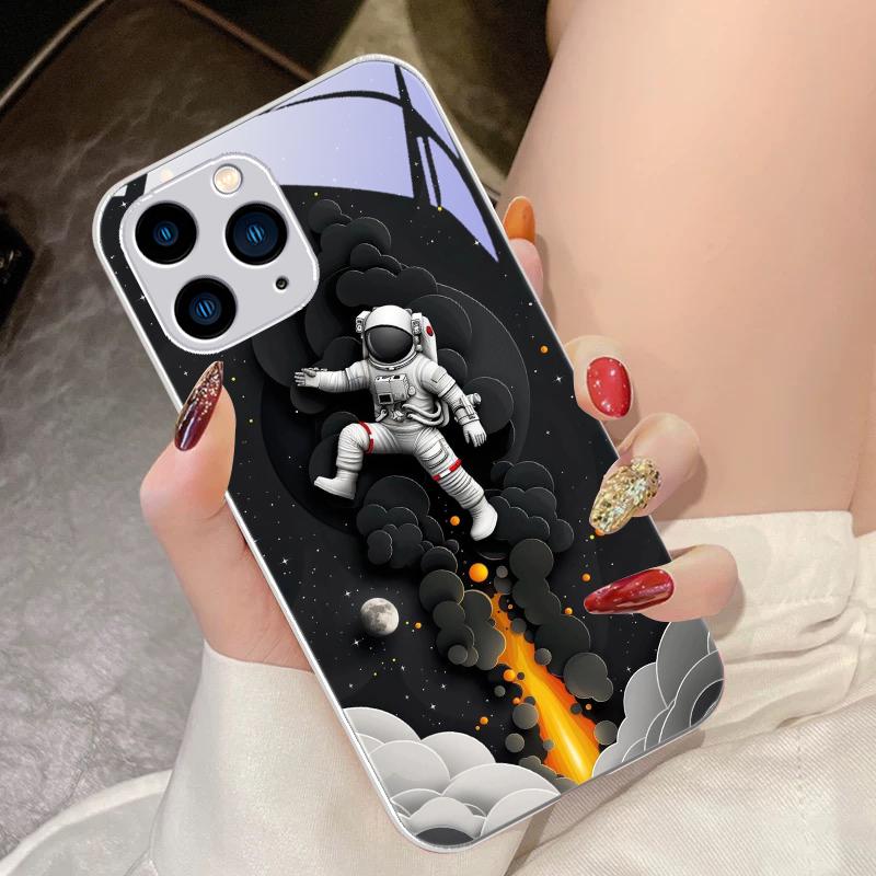 Луна и астронавты для iPhone 16 Pro Max 15 Pro 14 13 12 Mini 11 XS M Ax XR 7 8 Plu SE 2022 Чехол для телефона из закаленного стекла