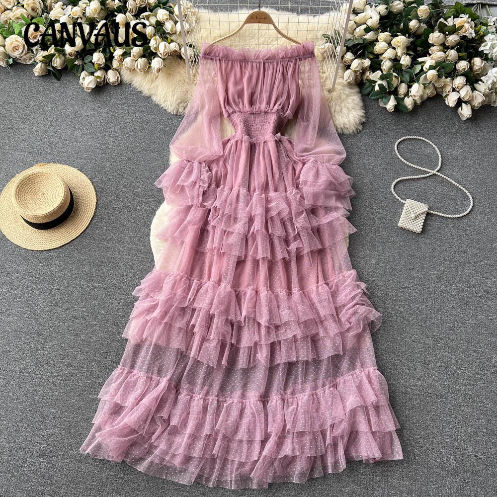 Платье-торт из сетки с французскими оборками, женское, с тонкой талией, темпераментное, на одно плечо, супер-сказочное длинное платье