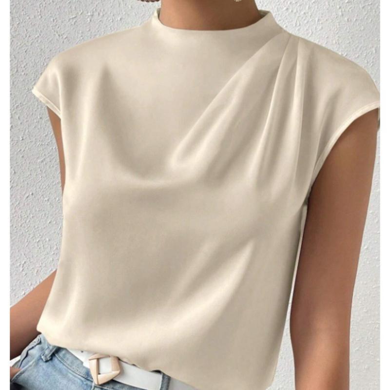 Модные свободные повседневные рубашки без рукавов для женщин, летние топы, элегантные однотонные свободные женские блузки с воротником-стойкой, простые облегающие офисные женские рубашки 26395