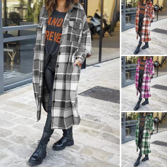 Autumn Winter Lady Coat Shirt Type Plaid Print Single-breasted Turn-down Collar with Chest Pockets Slit Hem Loose Mid Length Daily