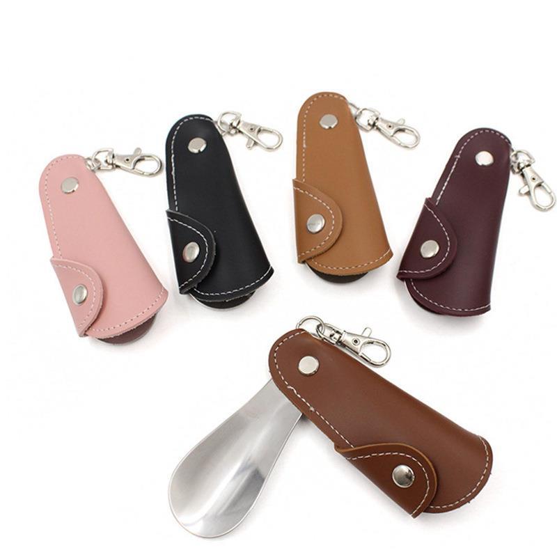Metal & Leather Shoe Horn with Case - Unisex Mini Portable Shoe Puller with Hanging Buckle