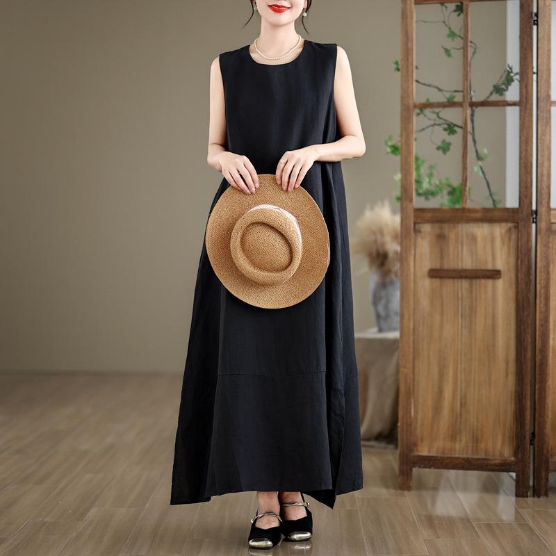 Summer New Loose A-shaped Big Swing Vest Skirt Women's Versatile Round Neck Sleeveless Solid Color Cotton and Linen Dress