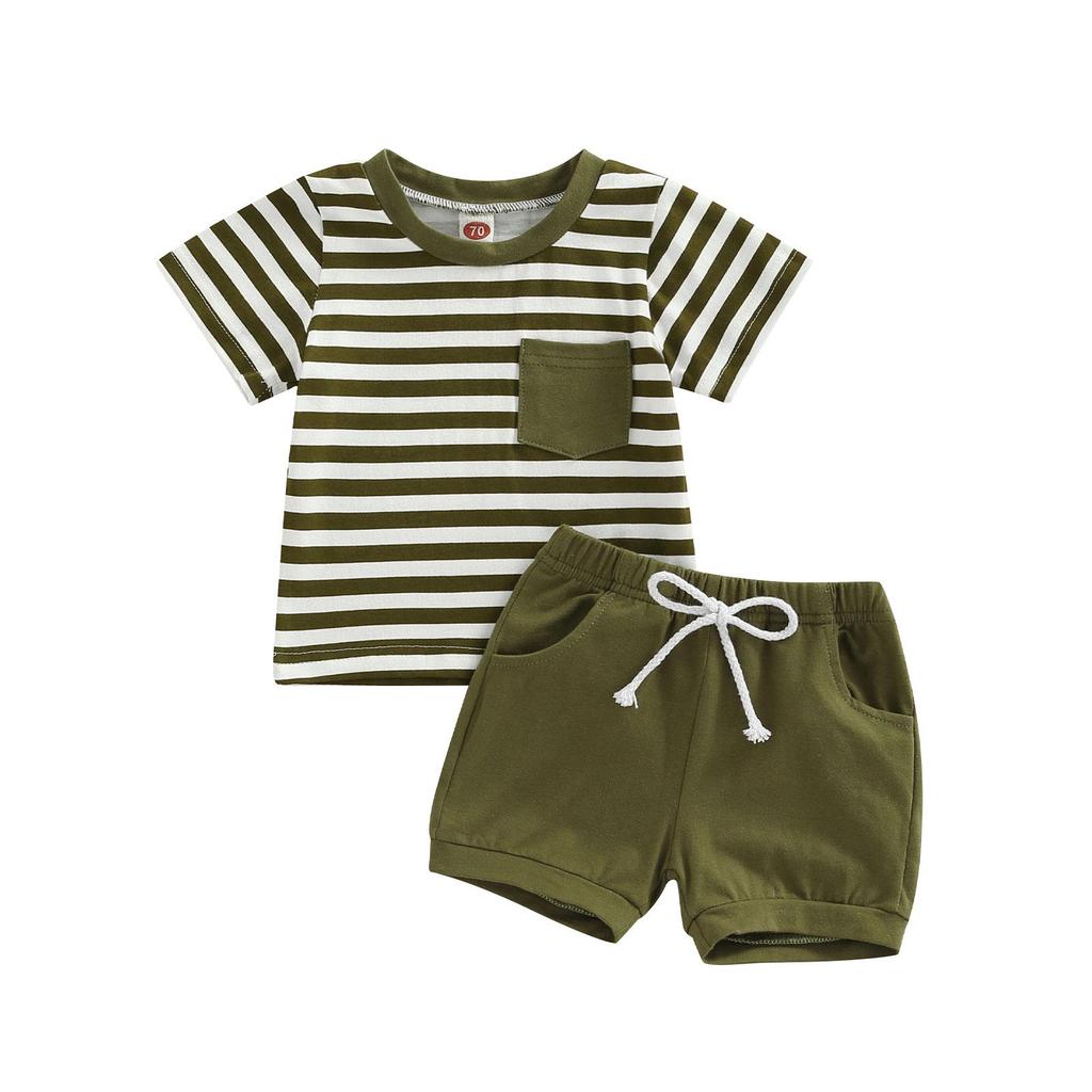 Baby Boys Short Set, Short Sleeve Stripes T-shirt with Elastic Waist Shorts Summer Outfit