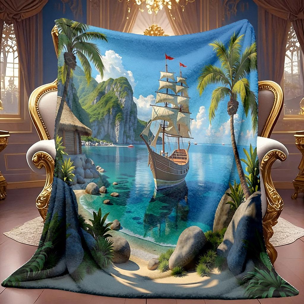 Tropical Coastal Landscape Soft Warm Bed Throw Blanket Versatile Decorative Wrap For Coffee Shop Office Gym Dance Studio Lounge