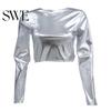 Stretchy Fabric Women Top Club Glossy Faux Leather Half-high Collar Solid Color Waist-exposed Long Slim Fit Sleeve Skinny Pullover Elastic Nightclub
