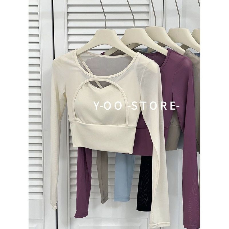 Y с нагрудными подушечками Американская одежда для йоги Футболка с длинными рукавами Женская Сексуально подчеркивающая фигуру Вырезы Сетчатая строчка Спортивный фитнес-топ