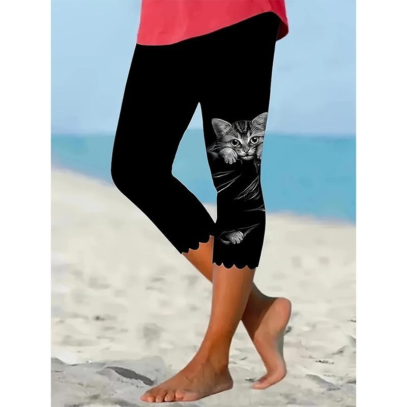 Повседневные женские леггинсы с принтом кота, капри, модные брюки для бега с высокой талией, элегантные узкие модные женские леггинсы, брюки 24520