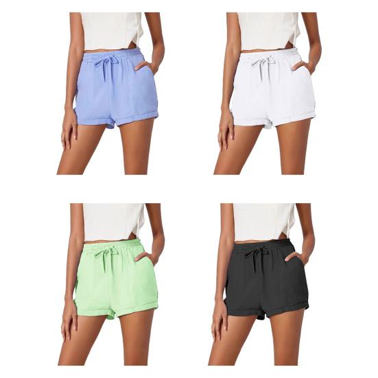 Women Shorts High Waist Adjustable Drawstring Summer Shorts with Pockets Solid Color Loose Fit