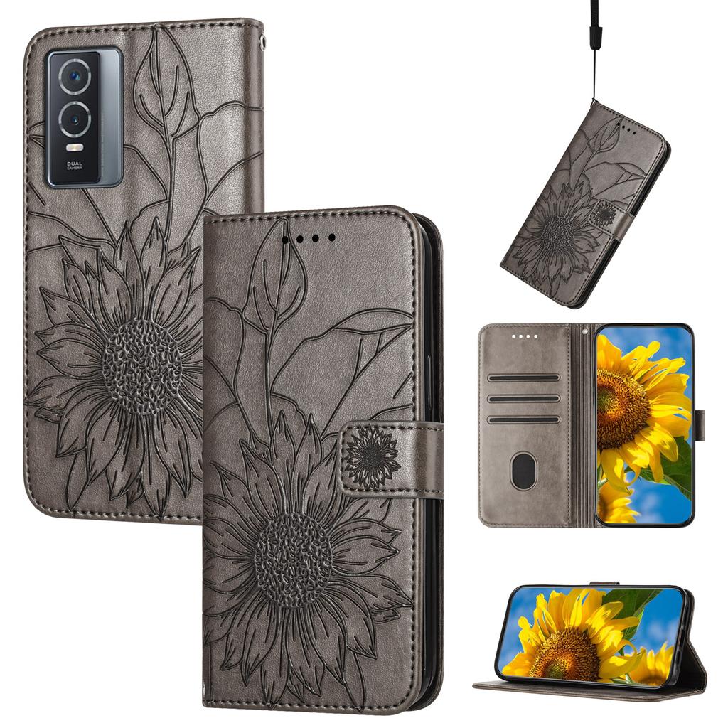 Защитный чехол из искусственной кожи с тиснением подсолнуха, держатель для магнитных карт, подставка, ремешок на запястье, флип-чехол для Vivo Y21 Y33S Y02S Y16 Y35 Y22S Y76