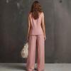 Summer Women's Linen Loungew Set, Sleeveless Vest + Wide Leg Pants, Loose Lazy Style Outfit for Europe America