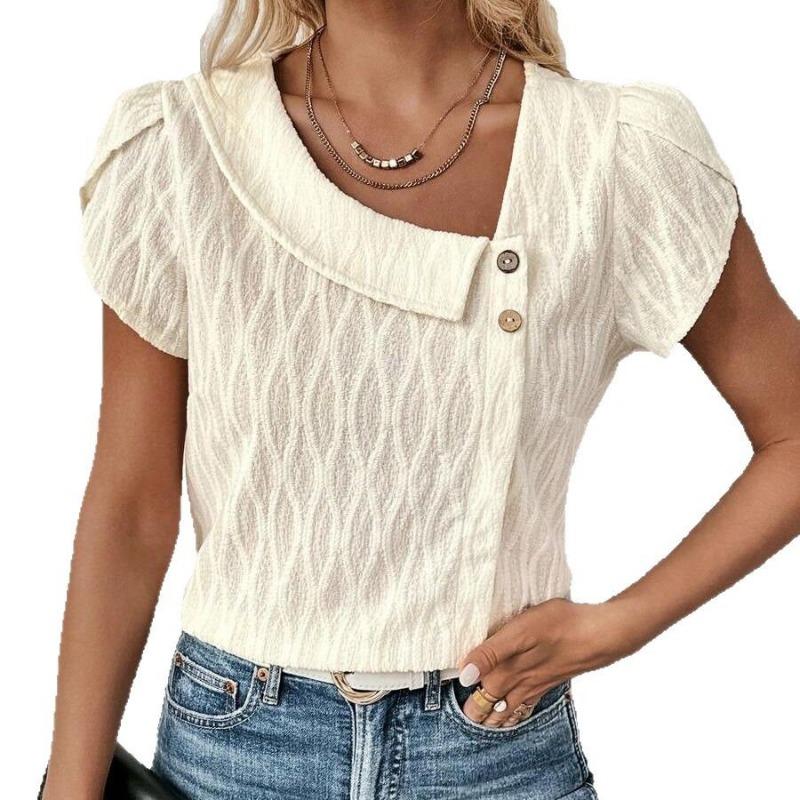 Летняя Элегантная Блузка с Короткими Рукавами-Лепестками, Женский Сладкий Топ на Диагональном Воротнике, Новая Однотонная, Свободная, Повседневная, Простая Рубашка, Плиссированная Женская Одежда