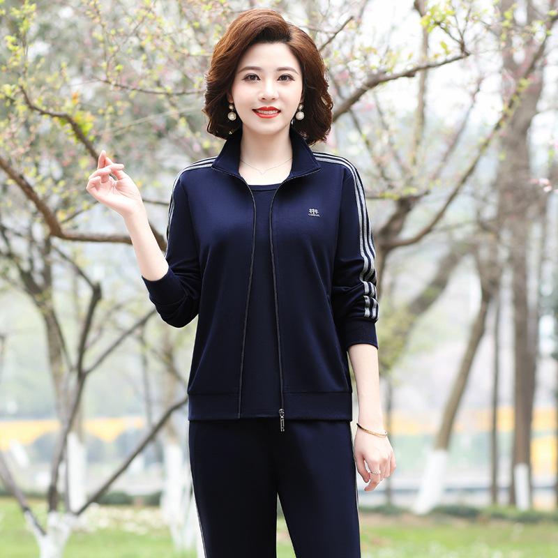 Женский весенне-осенний повседневный спортивный костюм: Свободного кроя куртка и толстовка с длинным рукавом, больших размеров, 2 предмета для среднего и пожилого возраста