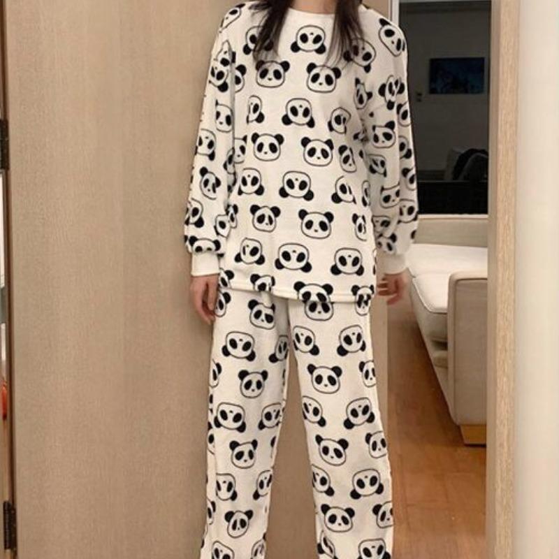 Fleece Soft Women Clothes Cute Panda Printing Pajamas for Women Round Neck Long Sleeve Autumn Women Two Piece Set