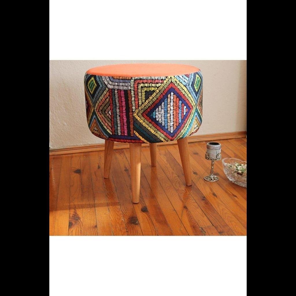 Hornbeam Retro Wooden Leg Decorative Ethnic Top Tile Pattern Cylinder Pouf Bench Sofa Chair Decorative Wooden Pouf Rustic Bench