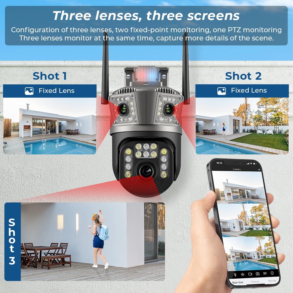 6K 12MP Wifi камера PTZ три экрана наружное автоматическое слежение ночное видение охранная система видеонаблюдения камера IP iCSee