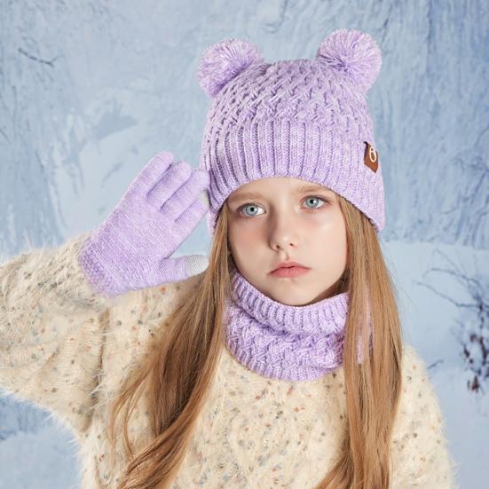 Kids Winter Hat Gloves Scarf Set Cold Weather Knitted Bear Hat with Pom Fleece Lined Neck Warmer Mitten Set for Girls Boys Ages 4-10