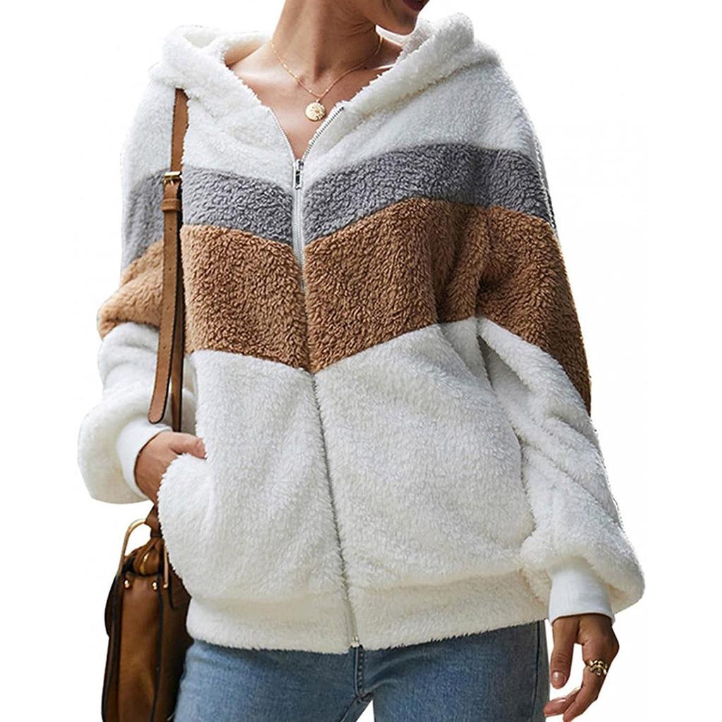 Женская свободная куртка с капюшоном из толстого плюша на молнии в стиле пэчворк на осень и зиму