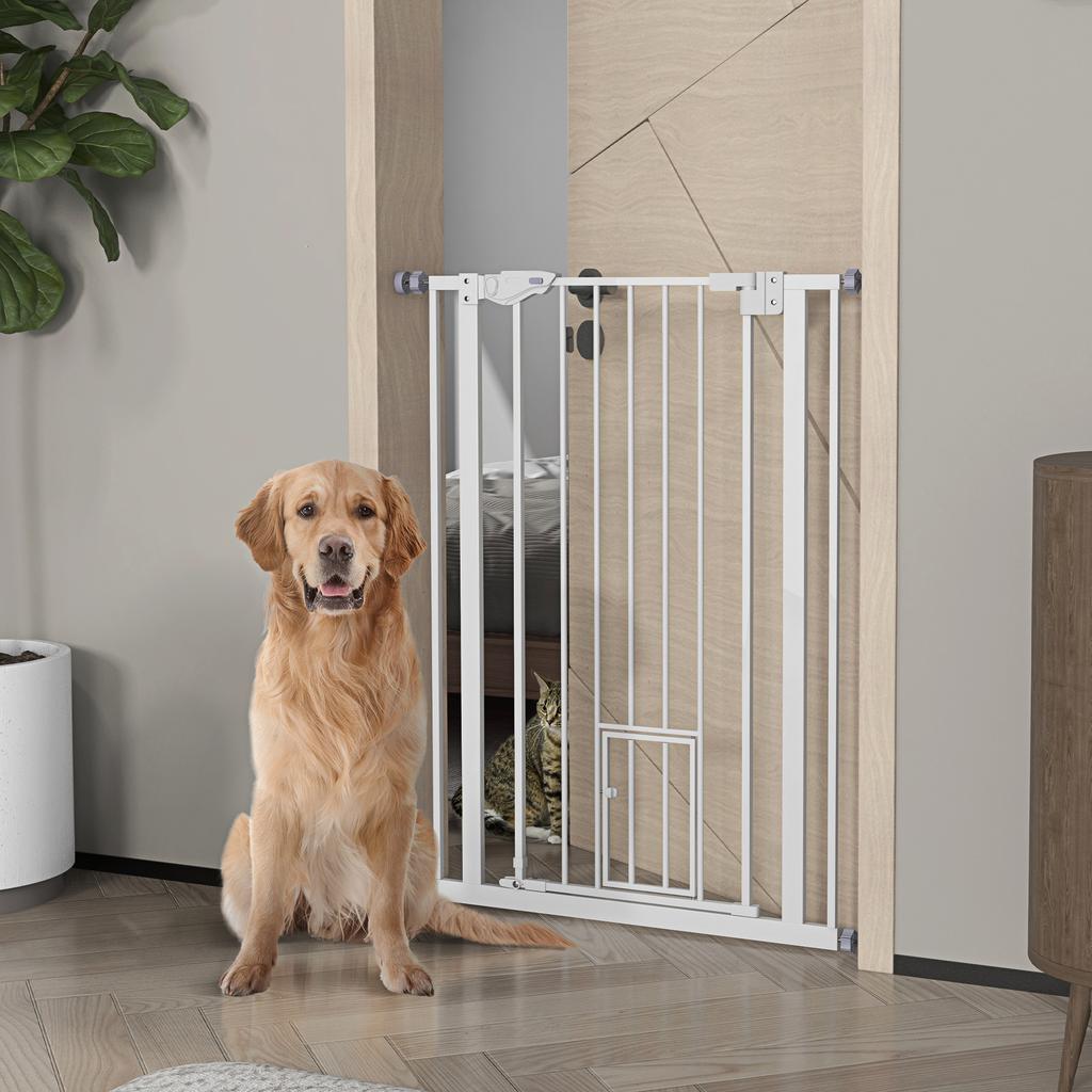 Adjustable Dog Gate with Small Door and Automatic Closure, 74-80x104cm, White