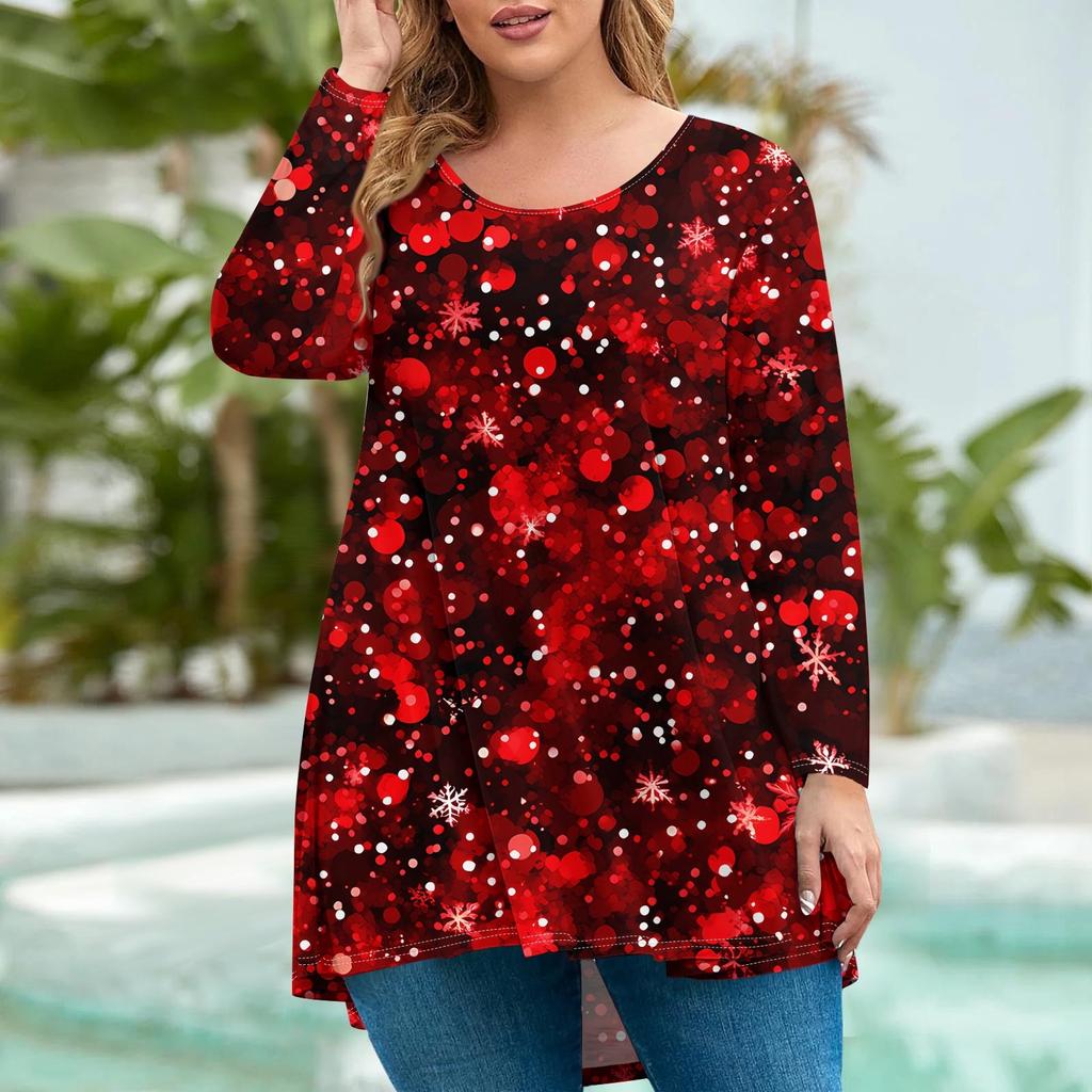 Женская мода большого размера с круглым вырезом и длинным рукавом, повседневный свободный пуловер с рождественским принтом