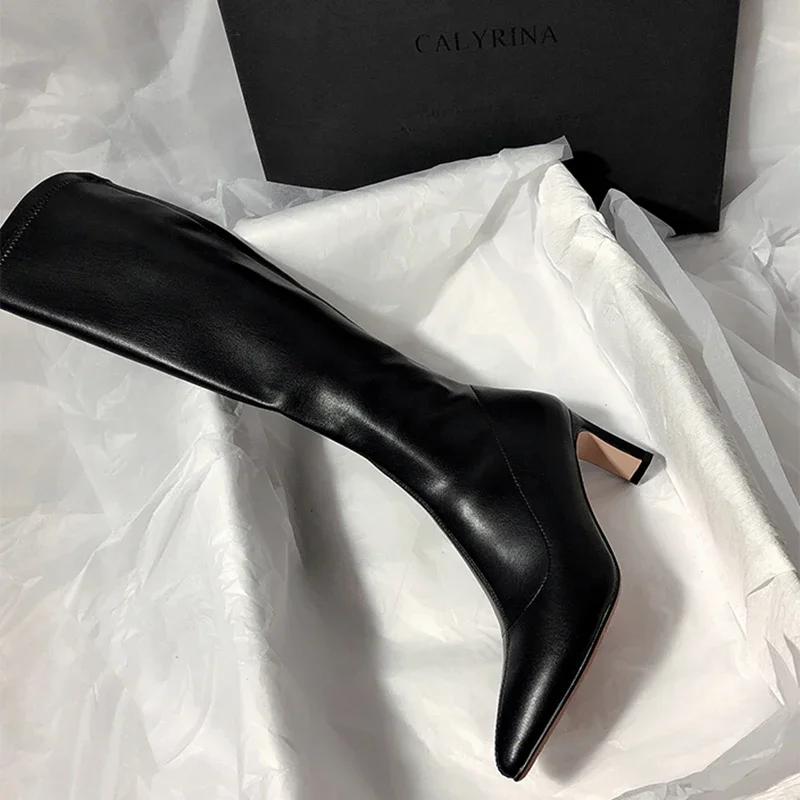 Модные женские ботфорты с острым носком, модные молнии, облегающие длинные ботильоны, квадратный каблук, осенне-зимняя женская обувь