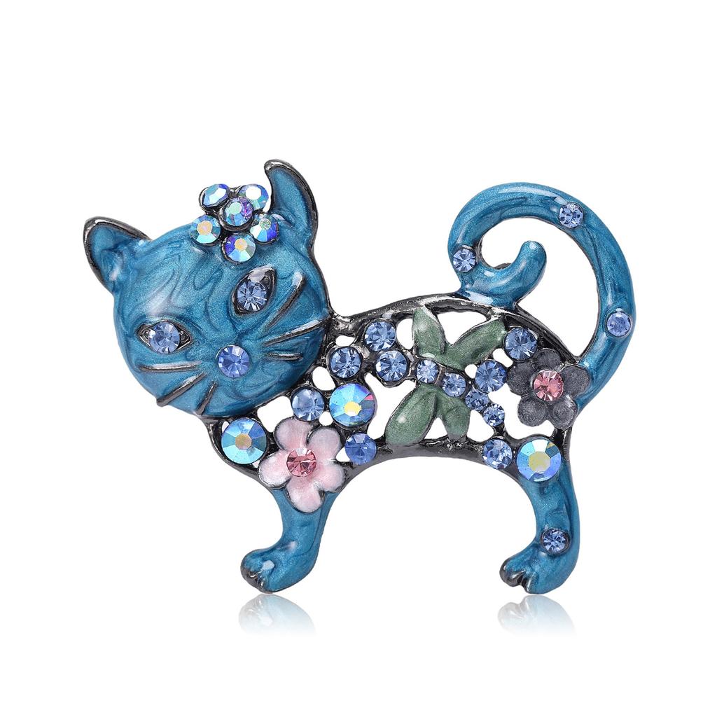 Lovely Enamel Cat Brooch Women Rhinestone Flower Animal Corsage Pins Gifts