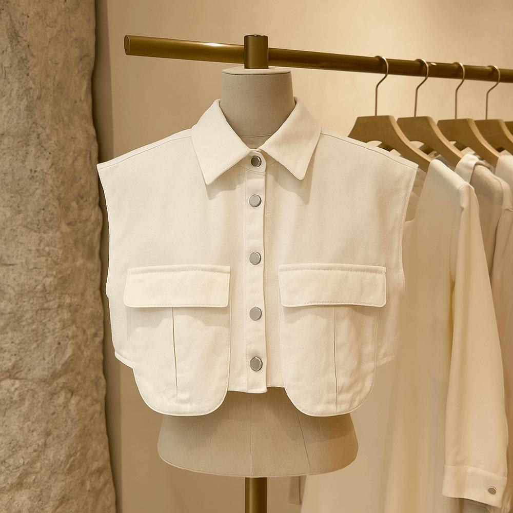 Patchwork Cropped Denim Shirt with Large Pocket Loose Denim Shirts  Commuting Tops