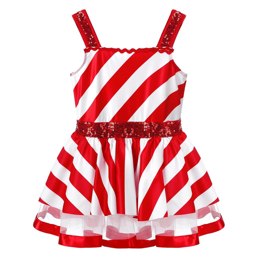 Girls Christmas Dance Costume Sleeveless Shiny Sequins Striped Figure Ice Skating Roller Skating Leotard Dress