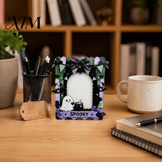 Desktop Ornament Halloween Wooden Photo Frame, Cute Ghost Butterfly Cat Tabletop Decor Pumpkin Frame with Stand, Sweet Kawaii Picture Holder for Desk