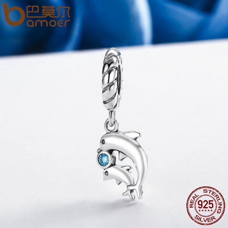 BAMOER Authentic 100% 925 Sterling Silver Dolphins Story with Clear CZ Charms Fit Bracelet
