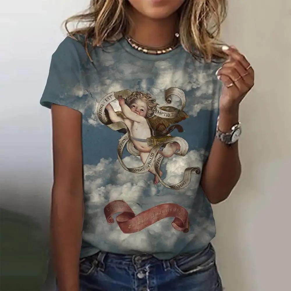 Летний топ с круглым вырезом, 3D-принтом ангела и цветочным узором, модная повседневная женская футболка с коротким рукавом