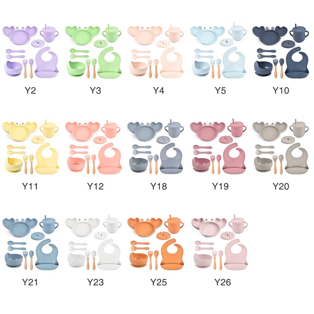 9PCS/Set Baby Silicone Tableware Set Baby Feeding Dishes BPA Free Bowl Plate Bibs Spoon Fork Sets Children Non-slip Dinnerware