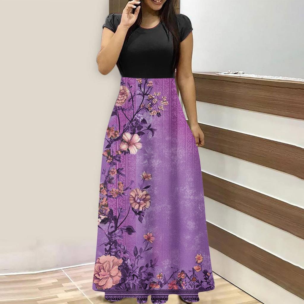 Женская мода повседневные свободные принтованные платья с круглым вырезом и коротким рукавом длинные платья с коротким рукавом длинные платья