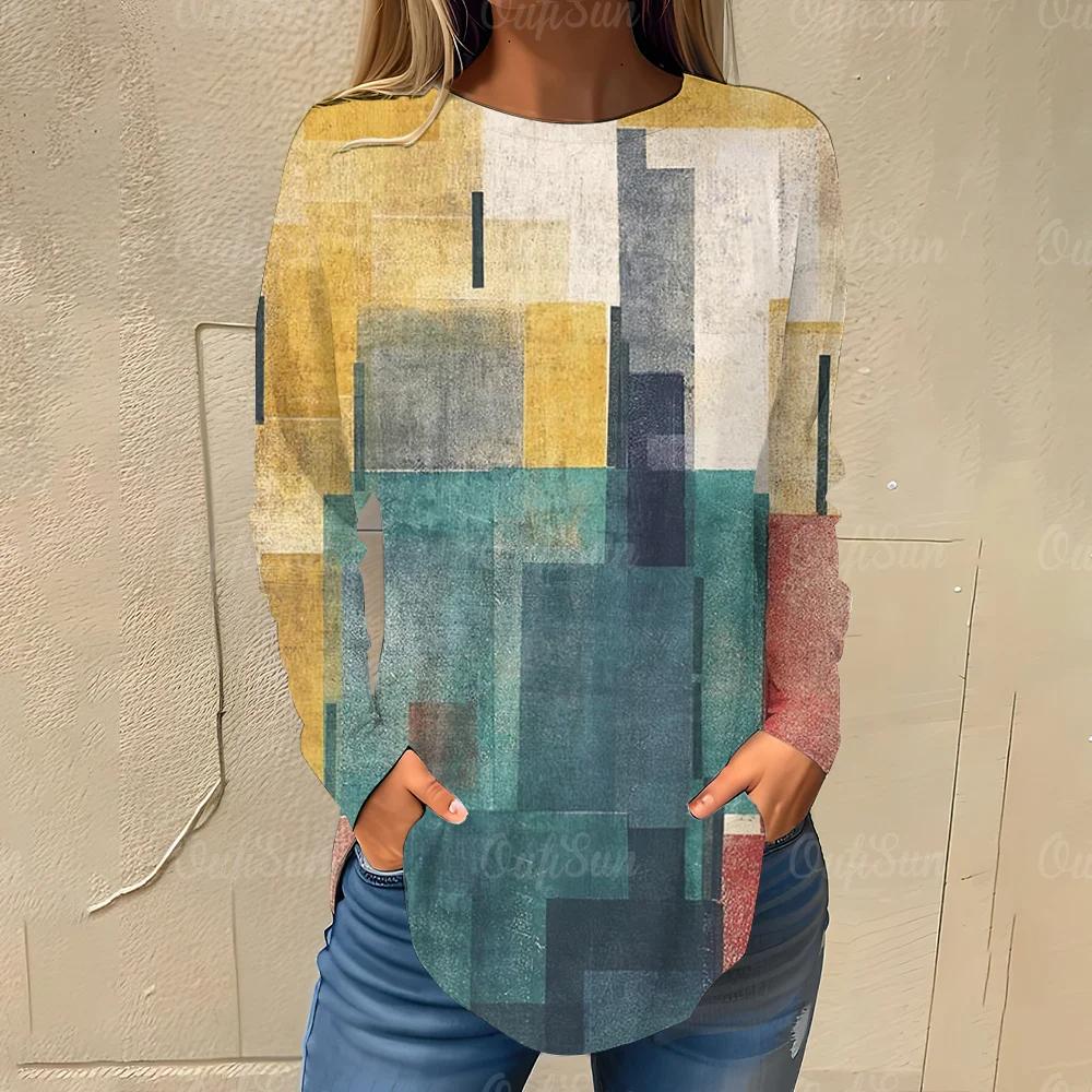 Irregular Color Blocks Pattern Print Women's T-shirts Autumn Casual Cotton Long Sleeves Tees Tops Female Clothing Streetwear