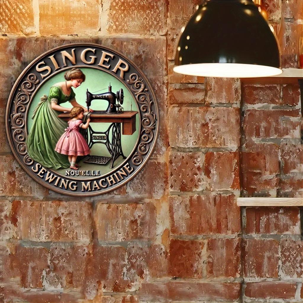 Vintage-7.8 Inch Wood Singer Sewing Machine Sign Plaque - Distinctive Iron Wall Decoration with Retro Aesthetic, Simple and Stylish Toilet Door Hangin