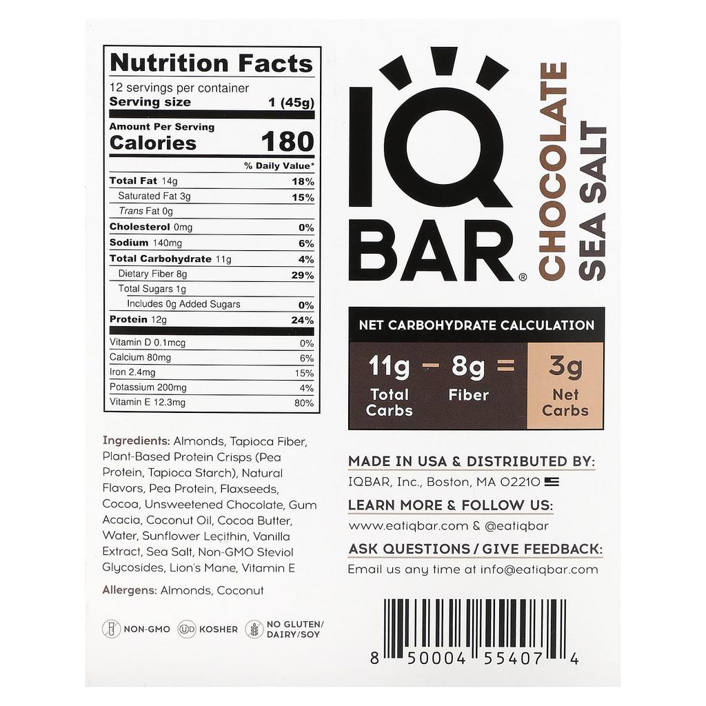 IQBAR Plant Protein Bar, Chocolate Sea Salt, 12 Bars, 45g (1.6oz) Each