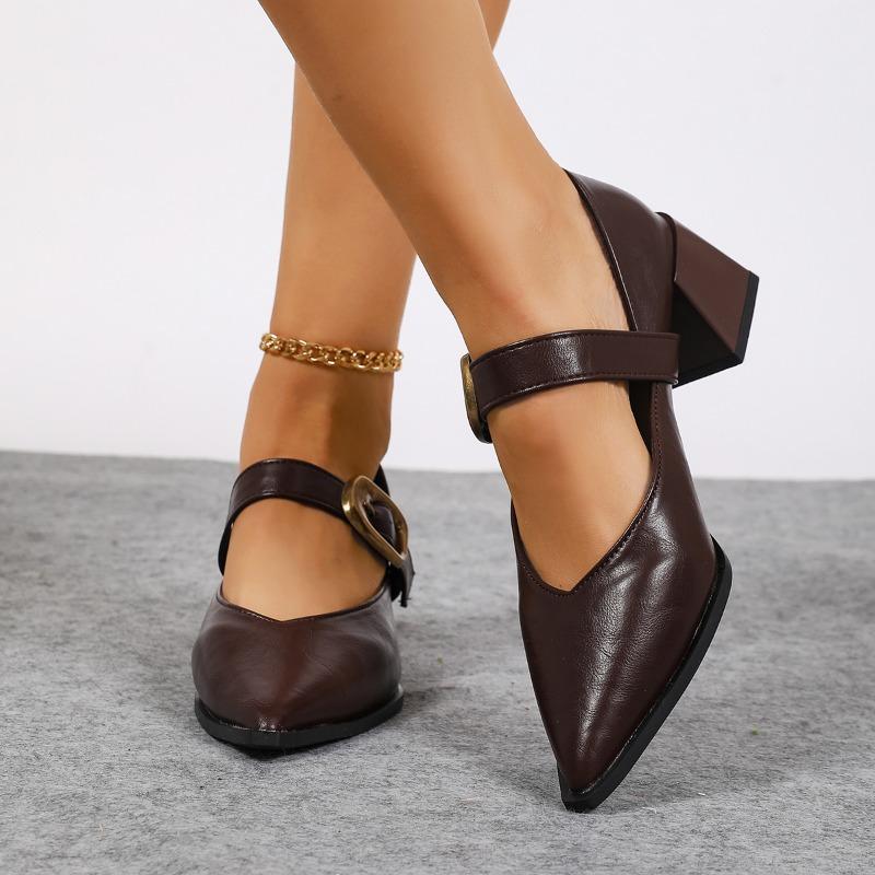 Модные металлические ремешки в одну линию, квадратный каблук, до колена, новая осенняя модель, остроносые, с мелким вырезом, нескользящие, износостойкие туфли с низким верхом