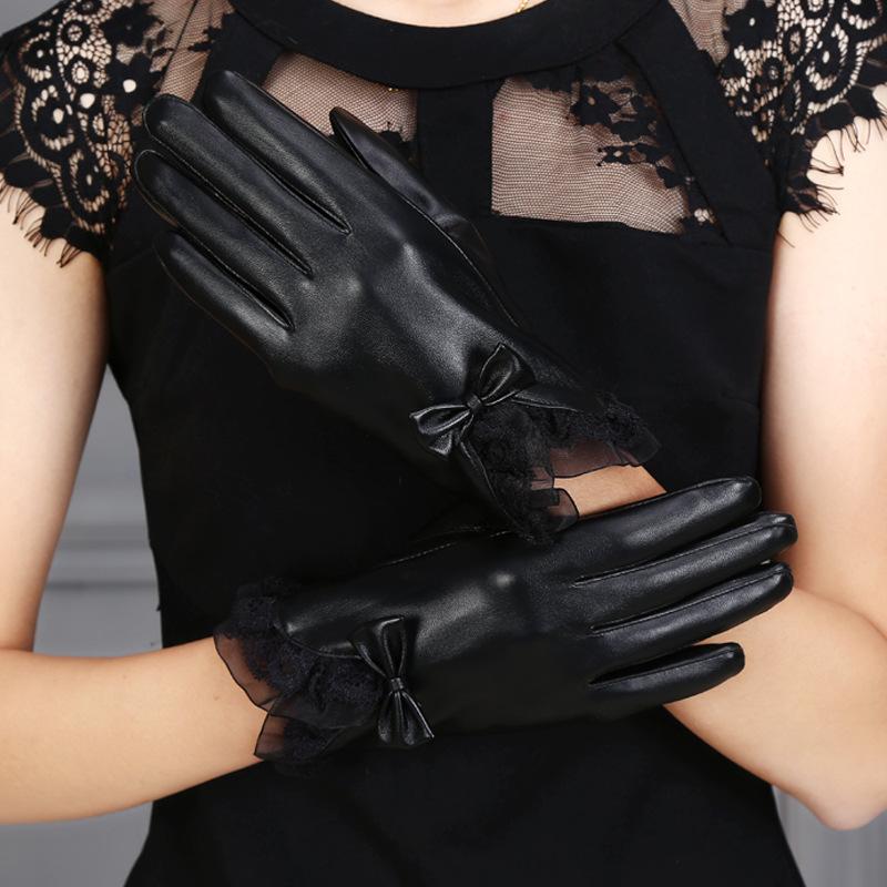 Ladies' Gloves with Bow Lace and Velvet Faux Leather Touch Screen Warm and Windproof PU Leather Gloves Simple and Elegant